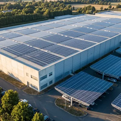 Toiture d'un bâtiment industriel français couverte de panneaux photovoltaïques, ombrières de parking en arrière-plan sous une lumière de fin d'après-midi