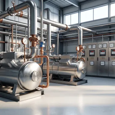 Salle des machines d'un site industriel français modernisé, compresseurs et compteurs de performance énergétique sous un éclairage naturel latéral