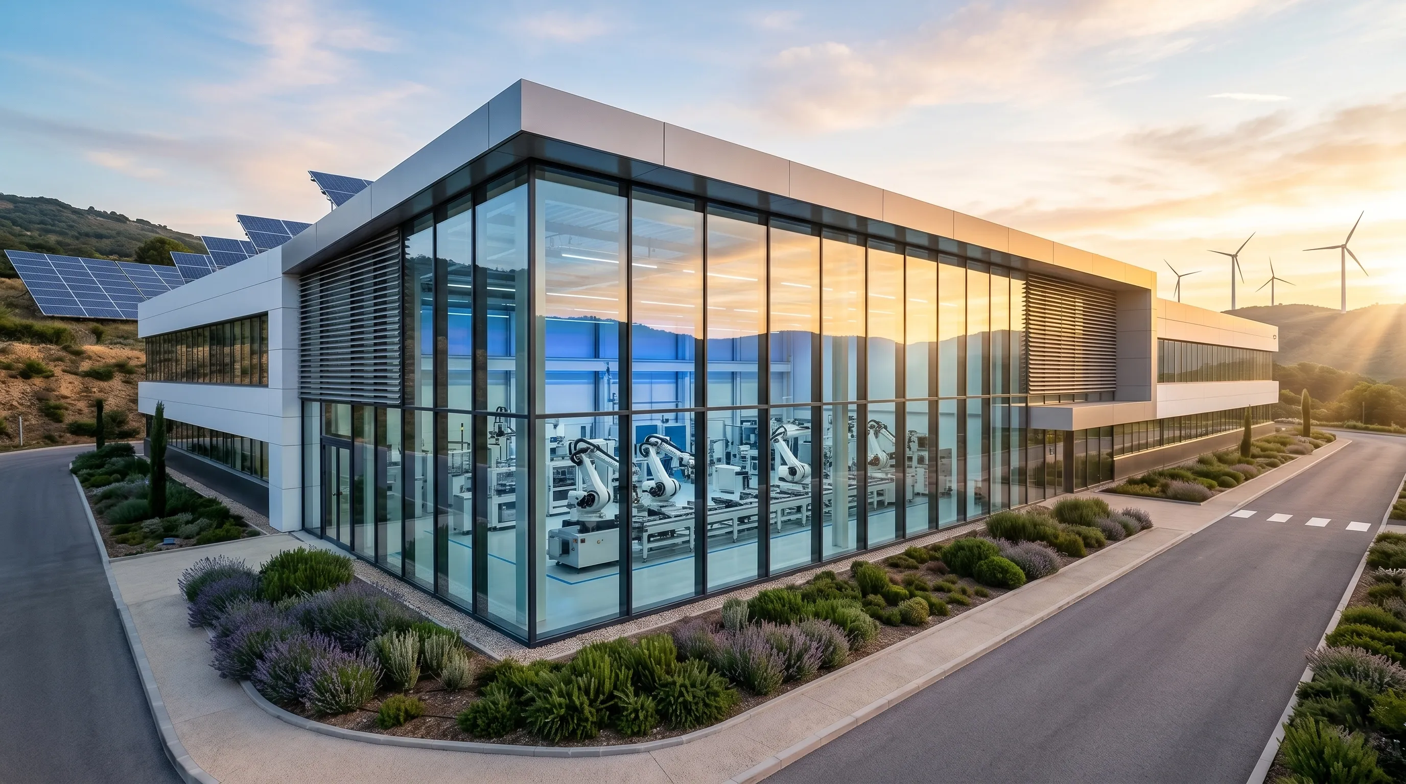 Usine moderne et high-tech au lever du soleil, symbolisant l'innovation industrielle et la transition écologique
